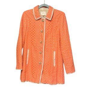 Ann Taylor LOFT Orange Eyelet Lace Beige Linen Duster Jacket Blazer Size Small